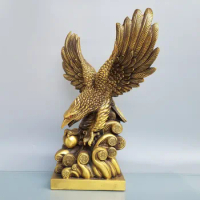 21"Tibetan Temple Collection Old Brass Eagle Statue Grand Exhibition Eagle Yuanbao Coin Amass wealth Ornaments Town house