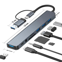 ฮับ USB C, ตัวแยก USB, ตัวขยาย USB 8 In 1, พร้อมพอร์ต USB 4 พอร์ต, พอร์ต USBC 1 พอร์ต, เครื่องอ่านกา