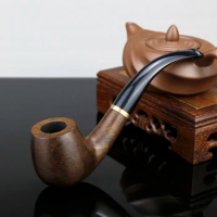 High Quality Ebony Wood Pipe 9mm Filter Bent Smoking Pipe Metal Ring Tobacco Pipe Handmade Smoke Accessory