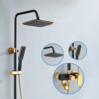 Tianview Home space aluminum black gold shower set square top spray set bathroom can lift hand-held booster shower head