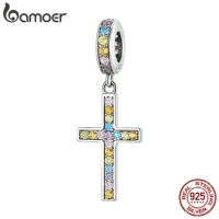 Bamoer 925 Sterling Silver Colorful Cross Pendant for Women Original Snake Bracelet or Bangle Rainbow Cross Charms Fine Jewelry