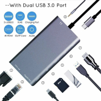 USB C 8-IN-1 Adapter HUB Type-C to 3.5mm AUX, USB 3.0, 4K HDMI, PD Charging, SD/TF Reader USB Hub