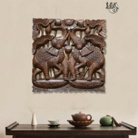 實木鏤雕雙象招財壁飾掛件樣板房玄關大象雕花板桑拿會所墻上壁畫