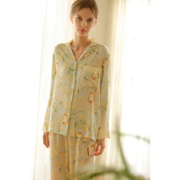 New Fashion Viscose Long Sleeve Floral Pajama Sets For Women Spring Summer Loose Sleepwear
