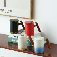 德化陶瓷茶水分離辦公杯家用大容量帶木柄茶杯創意貼花仙鶴馬克杯