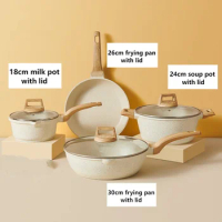4PCS Household Wheat Rice Stone Pot Set Non Stick 26cm Pan Fry Pan 18cm Milk Pot 24cm Soup Pot 30cm Frying Pan