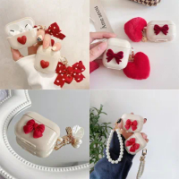 Vintage Red Love Heart Keychain For apple airpods 1 2 3 Pro Case Cover Cute Bow Beige Earphone Cases For airpods 3 Headset Box