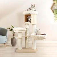 Modern Cat Tree Tower, Tall Cat Tower with Scratching Post, Cute Cat Condo, Wood Climbing Tower with Hammock,Pet Products