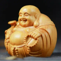 Woodcarving Laughing Buddha Maitreya Sculpture Wooden Miniature Buddha Statue Craft Mini Handmade Statue Chinese Buddhism