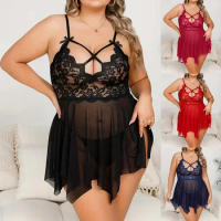 Sexy Lingerie for Women Erotic Baby Dolls See Through Lace Night Dress with Thong Sleepwear Women Underwear Nightgown Pajama 3XL