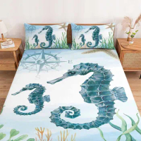 Marine Animal Seahorse Starfish Fitted Bed Sheet Cover Elastic Band Anti-slip Mattress Protector for Single Double King