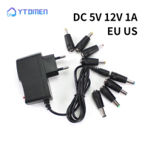 AC/DC 5V 12V 1A Adapter Power Supply 5.5mmx2.5mm Switch Power Charger 110V to 220V with 8 Universal Conversion Connector Plug