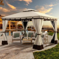 10x12ft Gazebo with Netting &amp; Curtains, for Patios Outdoor Double Roof Canopy Gazebos, Backyard and Deck, Gazebo