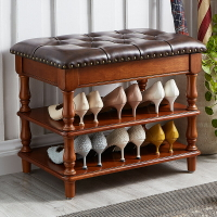 美式實木換鞋凳儲物凳可坐多功能原木沙發凳家用換鞋架客廳真皮凳