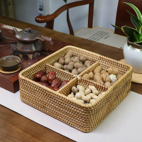 北歐客廳越南藤編織干果收納盒零食瓜子糖果盒分格帶蓋堅果盤家用