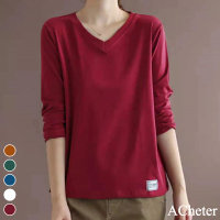 【ACheter】V領純色百搭長袖t恤大碼寬鬆顯瘦簡約中長上衣#113934(5色)