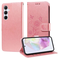 เคสหนัง, สำหรับ Samsung Galaxy A36 5G, ดีไซน์ผีเสื้อและดอกไม้ทาสีกระพือปีก, พร้อมการออกแบบที่ใส่การ์