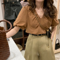 Lovito - เสื้อเบลาส์จีบธรรมดาสำหรับผู้หญิง ลำลอง lne16228 (กาแฟ) Lovito