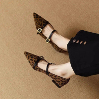 Women’s French soft leather leopard print flat shoes, spring/autumn 2026, black, elegant pointed toe