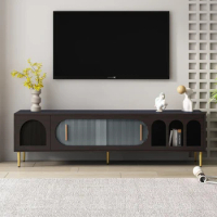 Modern TV Stand for 70+ Inch TV, Entertainment Center TV Media Console Table, with 3 Shelves and 2 Cabinets,Brown TV cabinet