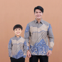 Kemeja Batik Couple Ayah dan Anak Inara Biru Denim Lengan Panjang dan Pendek Katun Premium Modern