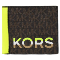 【Michael Kors】撞色MK英文LOGO印花皮革拼接雙層8卡短夾(全新福利品)