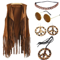 F42F Women 60s 70s Hippie-Outfits Costume Set Hippie-Boho-Flared Pant Fringe-Vest