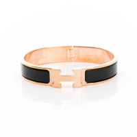 【Hermes 愛馬仕】Clic H bracelet 琺瑯細版手環(黑/玫瑰金 GM)