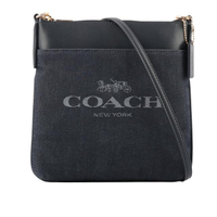【COACH】專櫃款平滑皮革拼牛仔布口袋斜背包(深藍色)