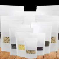 14*20+4cm 50pcs white Scrub kraft paper bags stand up Zipper/zip lock packaging bag with window for Food/Tea/Nut/Coffee