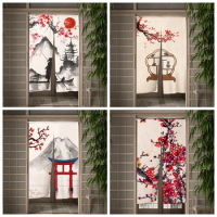 Japanese Cherry Blossom Ink Painting Door Curtain Dining Room Door Decor Curtain Drape Kitchen Entrance Hanging Half-Curtain