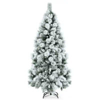 Costway 5ft/6ft/7ft Snow Flocked Hinged Artificial Slim Christmas Tree w/ Pine Needles