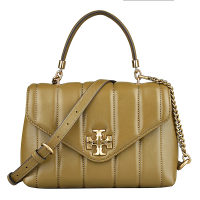 【TORY BURCH】TORY BURCH KIRA金字雙T LOGO牛皮絎縫設計釦式兩用包(焦糖褐金)