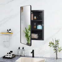 Plastic Black Medicine Cabinet, Beveled Edge Mirror Door with Round Corner Metal Frame, Recessed and Surface Mount Bathroom Medi
