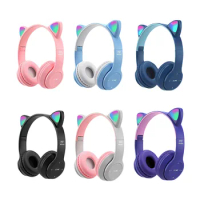 Flash Light Earphones Bluetooth Wireless Bluetooth Headset Kid Girl Voice Control Wireless Headphones Mic Cat Ears Music EarBuds