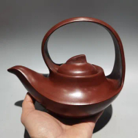 7"Chinese Yixing Purple clay pot Pottery Quju whale fin shape kettle teapot flagon Red mud Gather fortune Office Ornaments