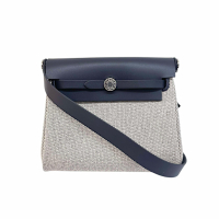 HERMES 愛馬仕 MINI Herbag帆布拼牛皮肩背包/斜背包(石板灰/淺米色/銀扣)
