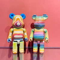 Horizontal and Vertical Stripes Rainbow Skateboard Wooden Bear Bearbrick 400% 28cm Handmade Solid Wood Desktop Gift Doll