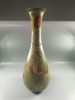 日本回流 歐洲彩繪花鳥鑄銅花瓶，彩色印刻工藝繁復，線條自然體