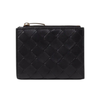 【BOTTEGA VENETA 寶緹嘉】BV Intrecciato Small Bi-Fold 編織皮革 拉鍊 卡夾 皮夾 短夾 黑色 742330