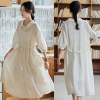 高端極細法國純亞麻白色洋裝高級感裙子-設計所在