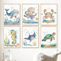 Watercolor Whale Sea Horse Turtle Crab Ocean Animal Nursery Wall Art Prints Canvas Painting Poster And Pictures Kids Room Decor