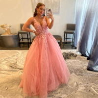 Sweet Lace Appliques Mesh Prom Dresses Sleeveless V Neck Puffy Tulle Women Summer Dress Floor Length Fluffy Pageant Gowns