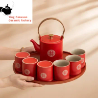 High-grade Chinese Red Wedding Ceramic Tea Set Bamboo Tray Handmade Teapot Kettle Teacups Tradition Teaware Set Holiday Gifts