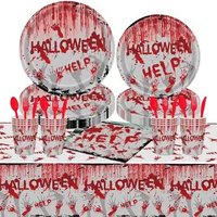 Halloween Horror Theme Bloody Handprint Disposable Tableware Tablecloth Bloody Help Paper Cups Plates For Halloween Party Supply