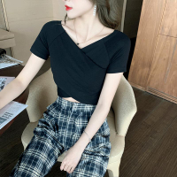 露臍短袖女夏短款黑色t恤漏肚臍緊身顯瘦高腰上衣打底衫短裝體恤