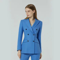 Tesco Blue Suits Sets For Women 2 Piece Office Pantsuits Double Breasted Blazer Jacket+Pants Slim Fit Uniform Female Pant Sets