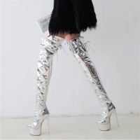 Sexy Silver Ladies Over The Knee Boots Fashion Women High Heels Winter Stripper High Boots Pole Dance Party Shoes Size 34-48 New
