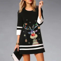 Christmas Casual Printing Dress Women Round Neck 3/4 Long Sleeve Color Block A-line Dress