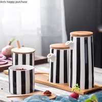 Nordic Black and White Stripes Ceramic Spice Jar Combination Set Salt Sugar Oil Soy Sauce Bottle Vinegar Pot Kitchen Supplies